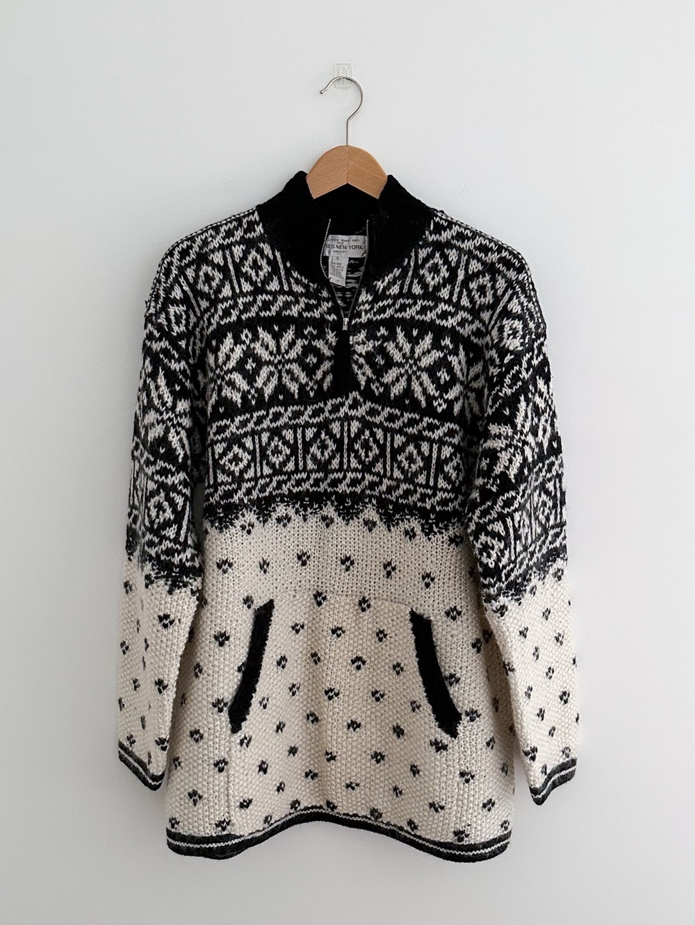 Vintage 90s Hand Knit Fair Isle Wool Mohair Ski Sweater Nordic Black Cream Large